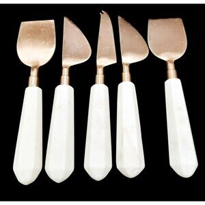 Cheese Knives Marble Handled Brass Toned Charcuterie India Vintage Set of 5